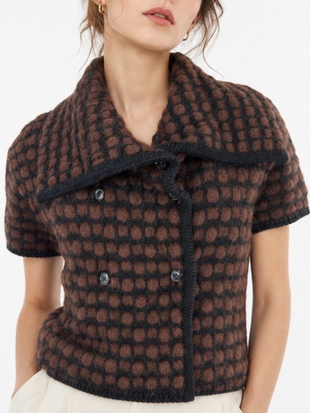 PIAZZA SEMPIONE Textured Short-Sleeve Knit Cardigan in Rust and Charcoal IT40